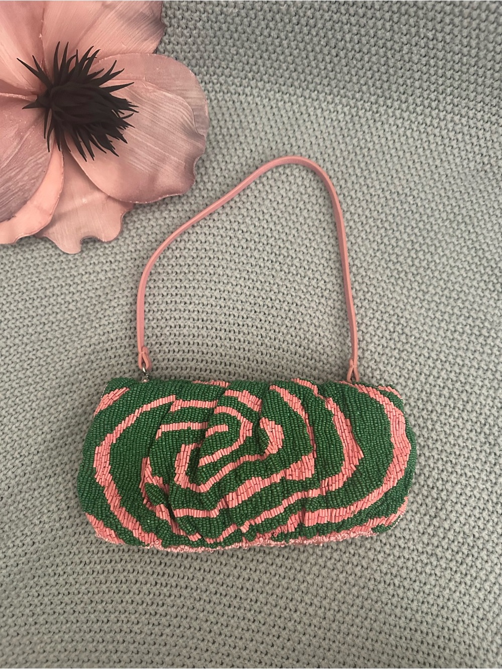 Staud Beaded Bean Emerald Quartz Acid Swirl Clutch Mini Bag